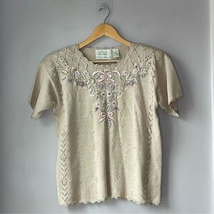 Vintage Cottage Core Knit Pearl Colleens Collectables Embroidered Sweater